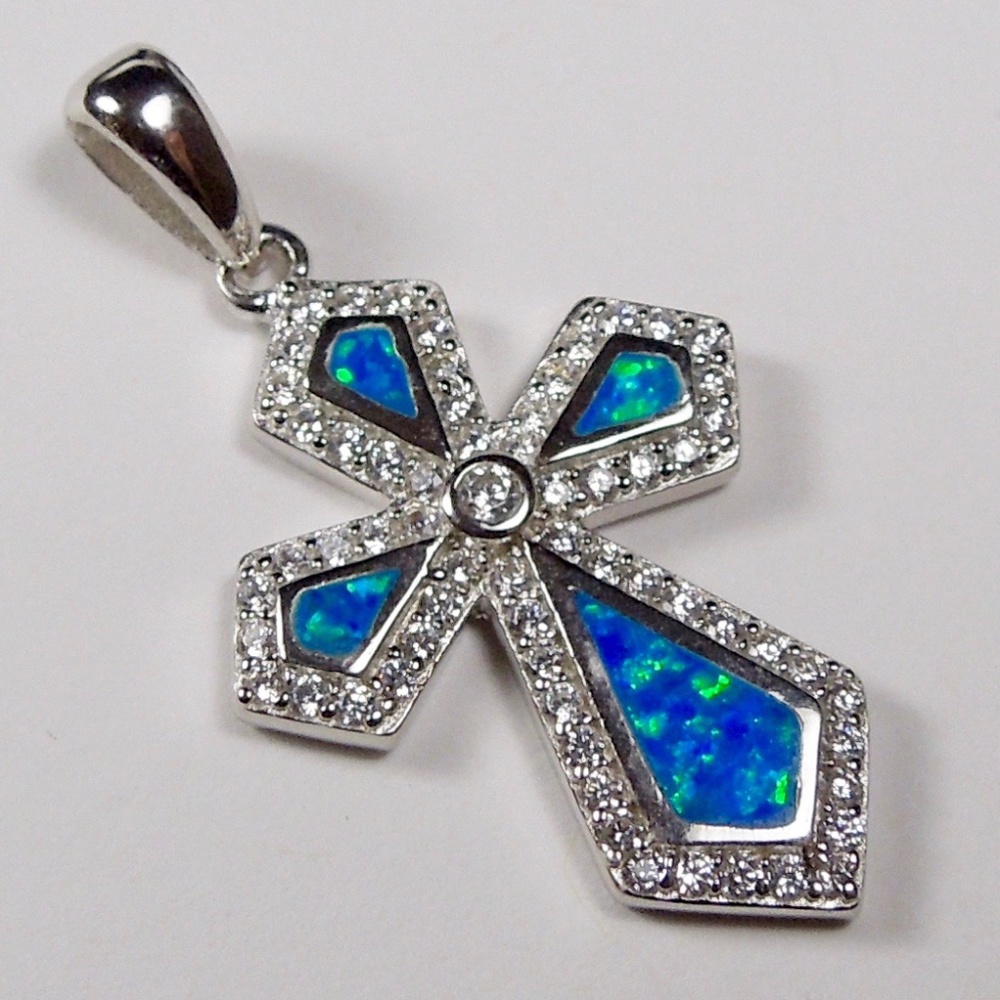 Blue Fire Opal Sterling Silver Cross Pendant